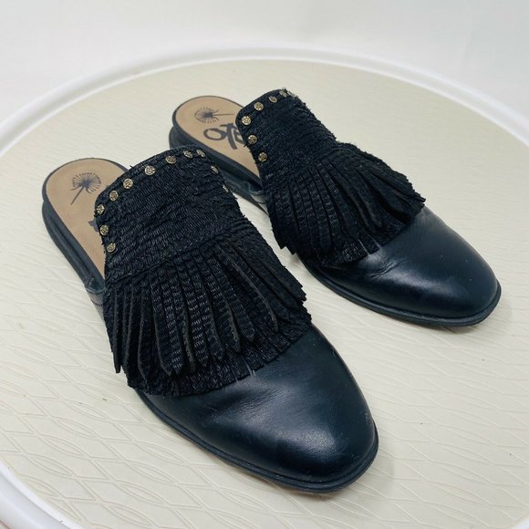 OTBT Gleam Mules Flats 7 Black Fringe Slip On Leather Shoes Tassel Rock Punk - Picture 1 of 12